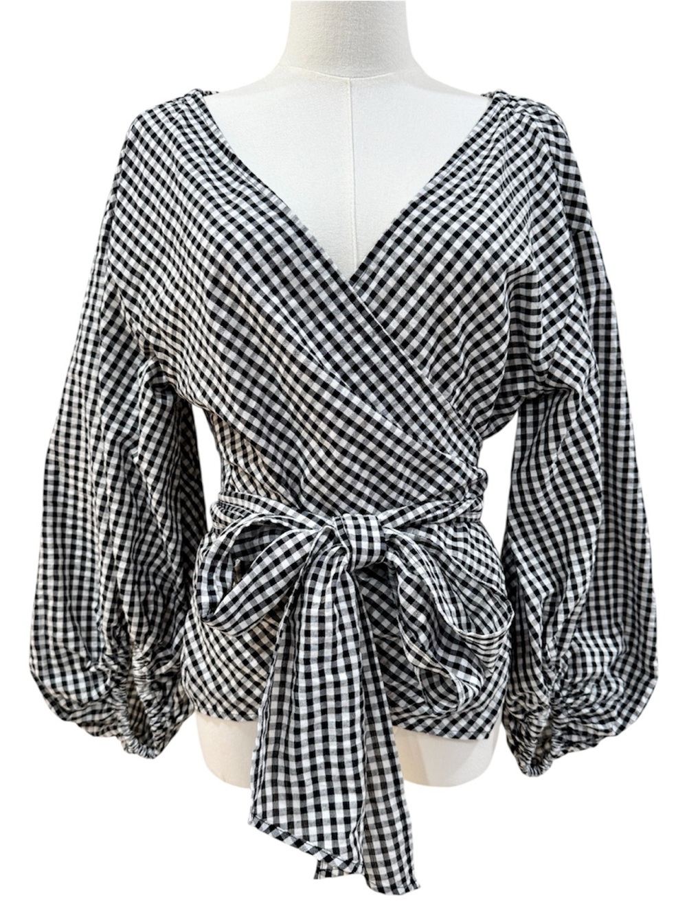 Club Monaco Gingham Wrap Blouse L Black White Balloon Sleeve Tie Waist Top